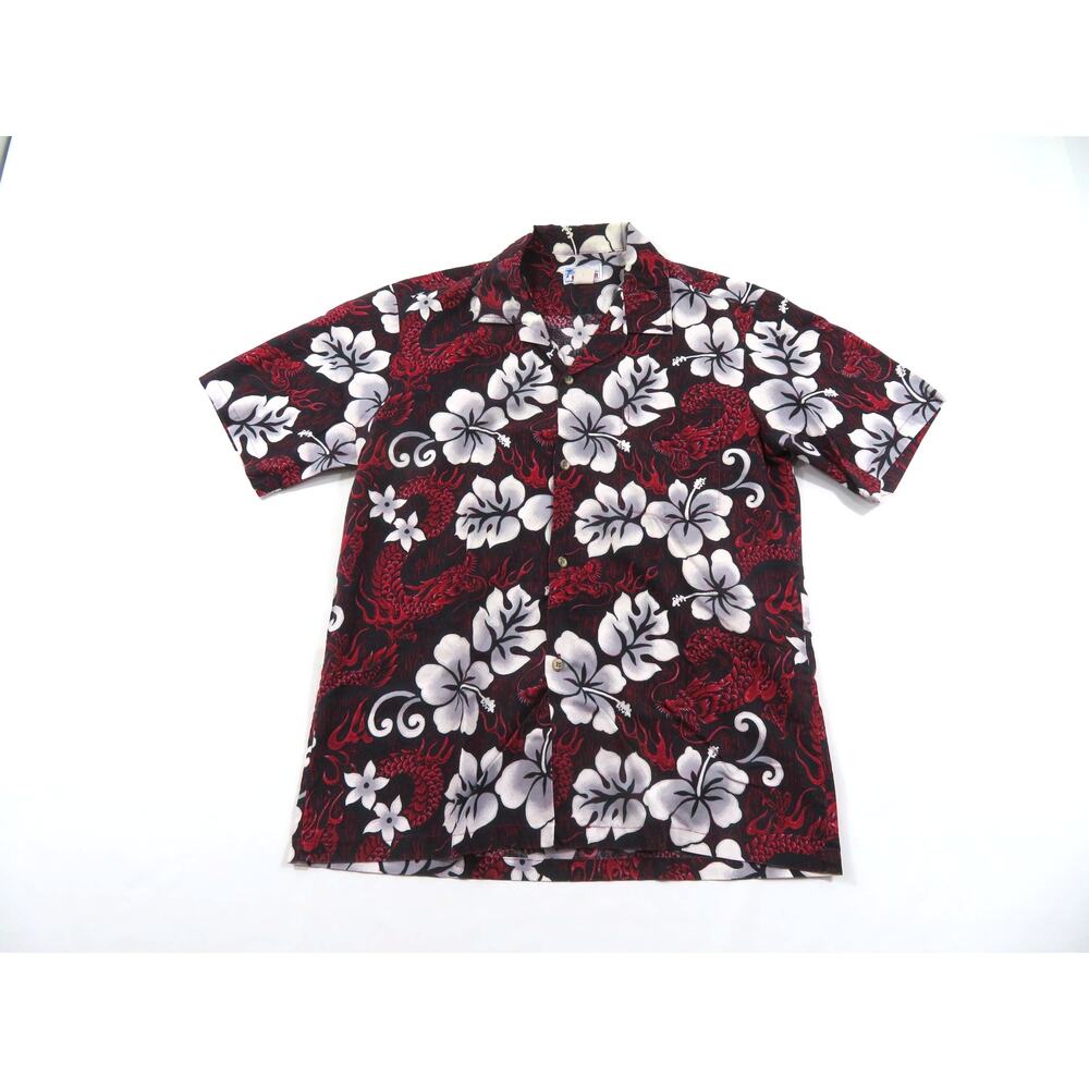 Hawaii Hawaiian Shirt, Hibiscus Dragon, Black Red, Sz M-L? 1990s